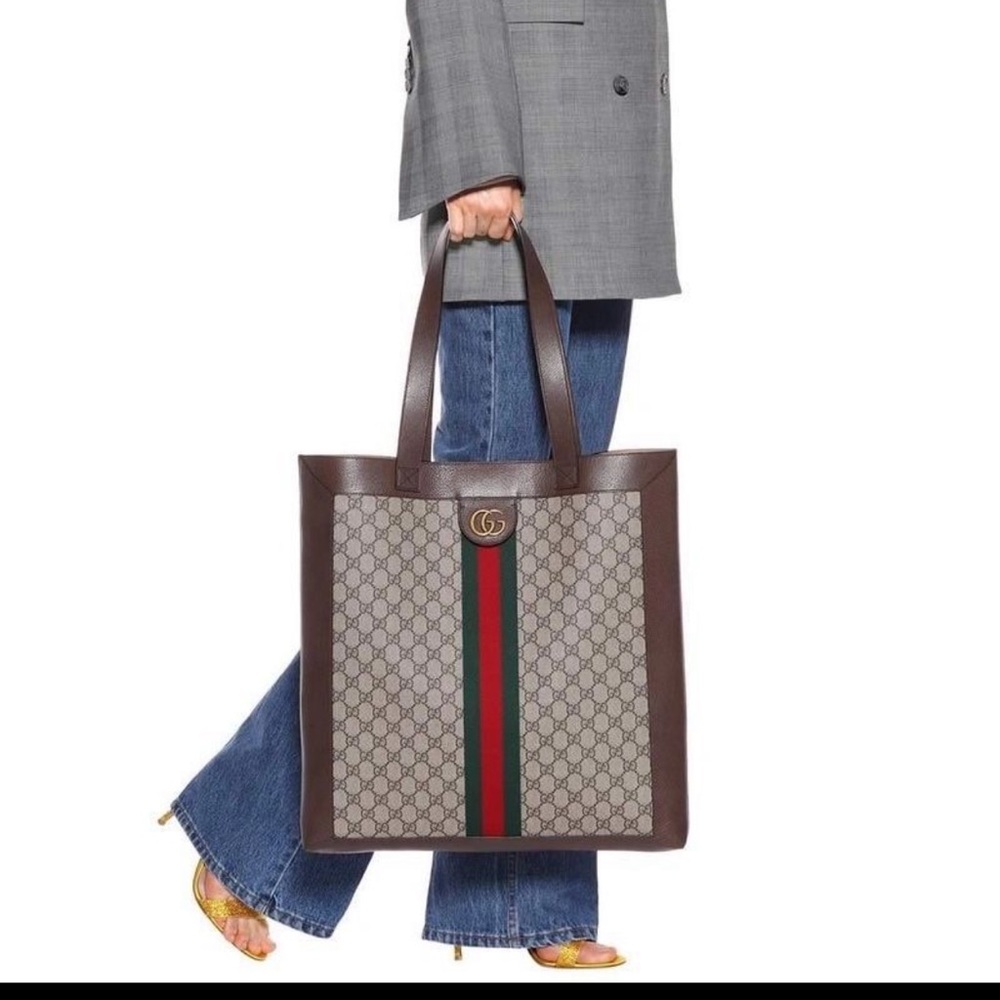NWT Gucci GG Supreme Monogram Web Large Ophidia Vertical Shopping Tote Brown